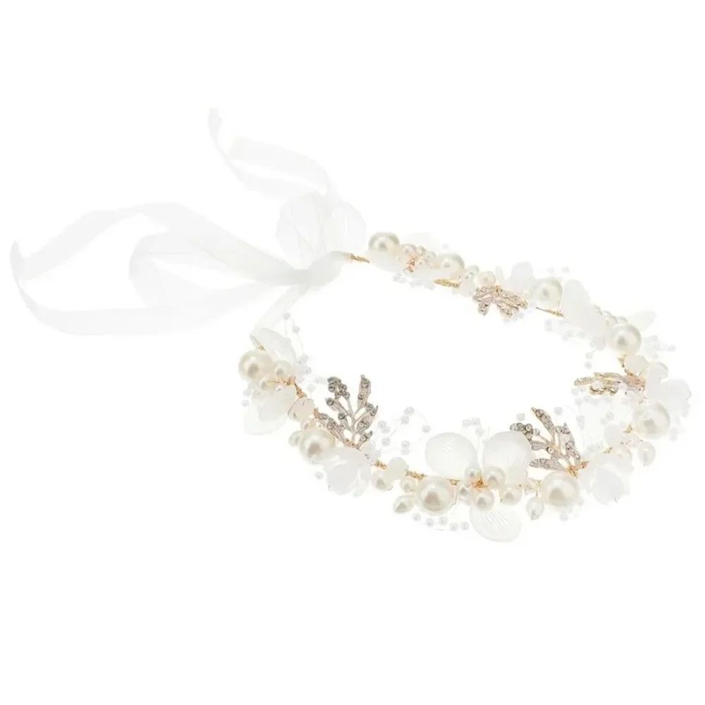 Faux pearl and gold flower halo headband with ribbon tie 
